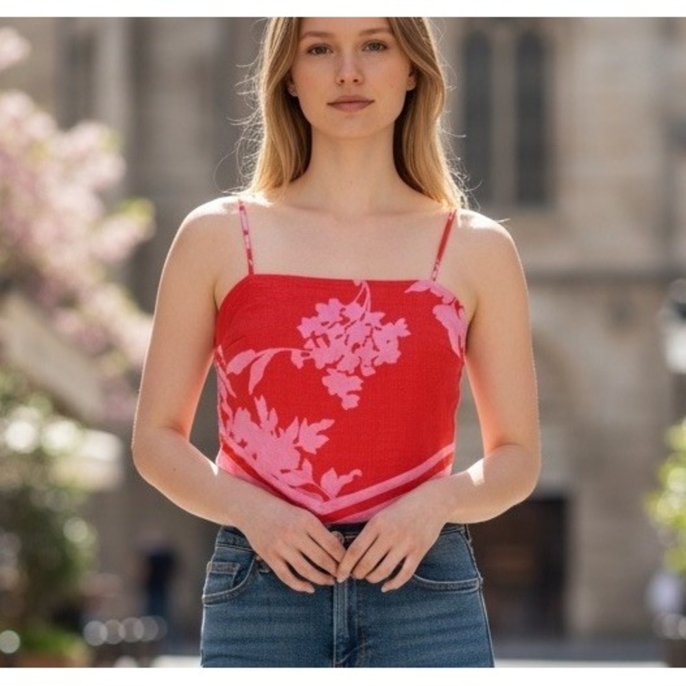 Sienna Sky Handkerchief Crop Tank Coral Pink Floral Smocked Top Medium NWT